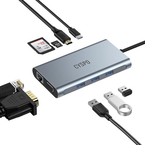 موزع USB C، محطة إرساء للكمبيوتر المحمول USB C، قاعدة توصيل USB C 9 في 1 مع HDMI 4K، VGA، 3 منافذ USB 3.0، 100 وات PD، جيجابت إيثرنت، قارئ بطاقة SD/TF، ​​دونجل من النوع C متوافق مع MacBook/Dell/HP/ لينوفو وأكثر in Kuwait
