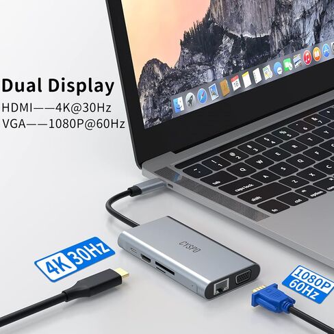موزع USB C، محطة إرساء للكمبيوتر المحمول USB C، قاعدة توصيل USB C 9 في 1 مع HDMI 4K، VGA، 3 منافذ USB 3.0، 100 وات PD، جيجابت إيثرنت، قارئ بطاقة SD/TF، ​​دونجل من النوع C متوافق مع MacBook/Dell/HP/ لينوفو وأكثر in Kuwait