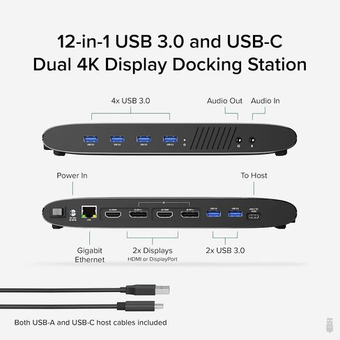 محطة إرساء كمبيوتر محمول عالمية قابلة للتوصيل، شاشة مزدوجة 4K، منفذ DisplayPort أو HDMI، أجهزة كمبيوتر محمولة تعمل بنظام Windows Mac أو ChromeOS، USB-C أو USB 3.0، تضيف شاشتين، إيثرنت، صوت، 6 منافذ USB in Saudi Arabia