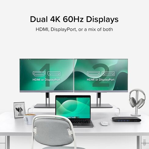 محطة إرساء كمبيوتر محمول عالمية قابلة للتوصيل، شاشة مزدوجة 4K، منفذ DisplayPort أو HDMI، أجهزة كمبيوتر محمولة تعمل بنظام Windows Mac أو ChromeOS، USB-C أو USB 3.0، تضيف شاشتين، إيثرنت، صوت، 6 منافذ USB in Saudi Arabia