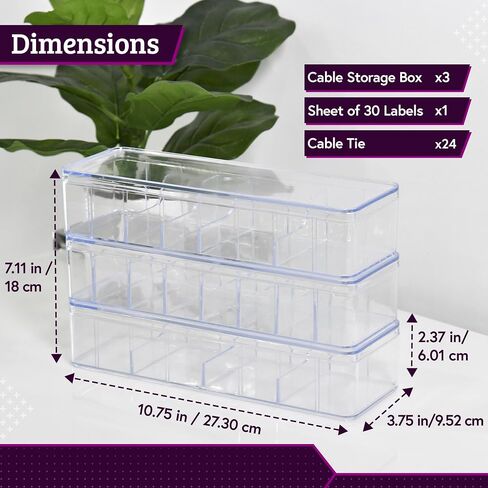 Set of 3 Cable Organizer Box W/Labels-Cord Organizer Box - Charger Box Organizer Stackable W/Lids-Cord Organizer Junk Drawer- Cord Storage Box for Desk -Cable Organizer case - Cord Organizer Case. in Saudi Arabia