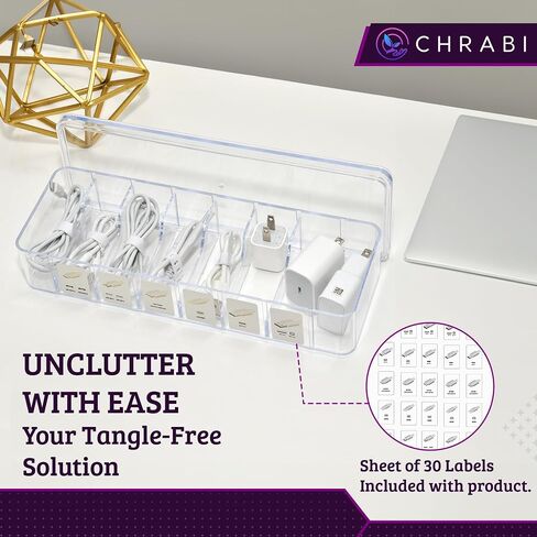 Set of 3 Cable Organizer Box W/Labels-Cord Organizer Box - Charger Box Organizer Stackable W/Lids-Cord Organizer Junk Drawer- Cord Storage Box for Desk -Cable Organizer case - Cord Organizer Case. in Saudi Arabia