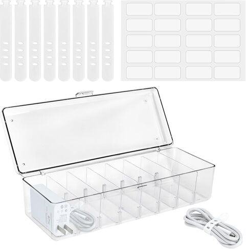 DLOnline Cable Management Box, Plastic Cable Storage Box, Electronics Organizer Box with 8 Compartments, Wire Ties and Sort Stickers, for Cable, Recharger, 10.4 x 3.9 x 3.0 inches, Transparent in Kuwait