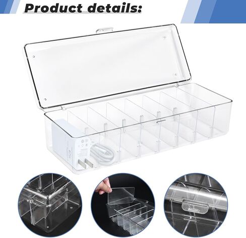 DLOnline Cable Management Box, Plastic Cable Storage Box, Electronics Organizer Box with 8 Compartments, Wire Ties and Sort Stickers, for Cable, Recharger, 10.4 x 3.9 x 3.0 inches, Transparent in Kuwait