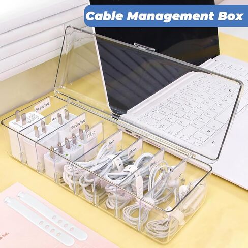 DLOnline Cable Management Box, Plastic Cable Storage Box, Electronics Organizer Box with 8 Compartments, Wire Ties and Sort Stickers, for Cable, Recharger, 10.4 x 3.9 x 3.0 inches, Transparent in Kuwait