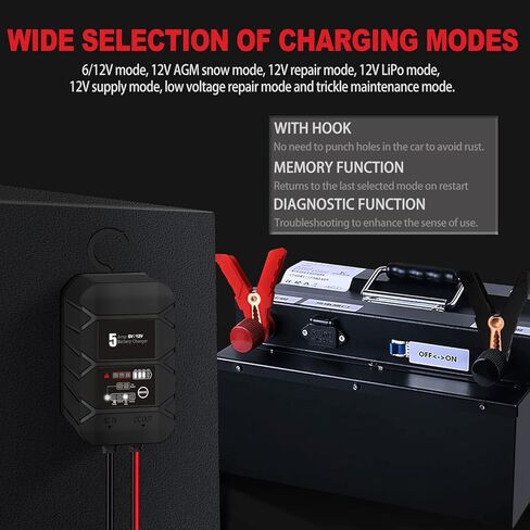 5 Amp Car Battery Charger Automotive Battery Maintainer 6V/12V Trickle Charger with Memory Function, Battery Desulfator for 2-120Ah Batteries, Smart Charger with Hook for LIPO, AGM, Gel, CA, Wet etc. in Kuwait