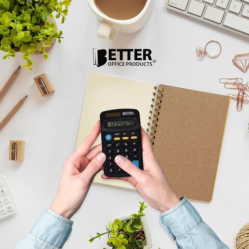 آلات حاسبة صغيرة بحجم الجيب من Better Office Products، 10 عبوات، شاشة عرض بزاوية 8 أرقام، وظيفة قياسية، ألوان متنوعة (أزرق، أسود، وردي)، طاقة مزدوجة مع طاقة بطارية AA متضمنة in Saudi Arabia