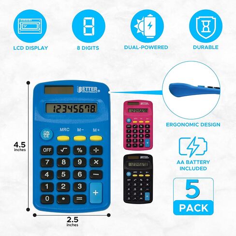 آلات حاسبة صغيرة بحجم الجيب من Better Office Products، 10 عبوات، شاشة عرض بزاوية 8 أرقام، وظيفة قياسية، ألوان متنوعة (أزرق، أسود، وردي)، طاقة مزدوجة مع طاقة بطارية AA متضمنة in Saudi Arabia