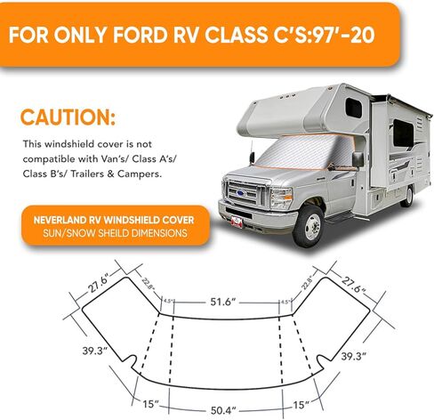 نيفرلاند RV غطاء الزجاج الأمامي للفئة C فورد 1997-2023، غطاء النافذة الأمامية RV غطاء الزجاج الأمامي للزجاج الأمامي RV مع مغناطيس قوي، فتحات مرآة جانبية، أشرطة زاوية مرنة in Kuwait