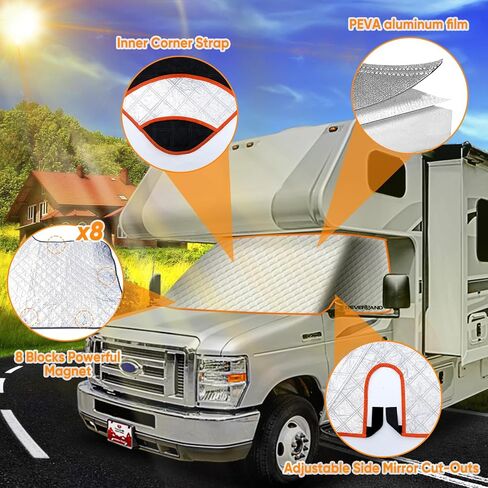 نيفرلاند RV غطاء الزجاج الأمامي للفئة C فورد 1997-2023، غطاء النافذة الأمامية RV غطاء الزجاج الأمامي للزجاج الأمامي RV مع مغناطيس قوي، فتحات مرآة جانبية، أشرطة زاوية مرنة in Kuwait