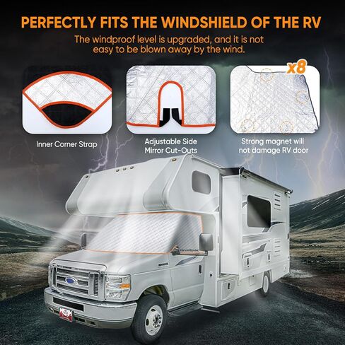 نيفرلاند RV غطاء الزجاج الأمامي للفئة C فورد 1997-2023، غطاء النافذة الأمامية RV غطاء الزجاج الأمامي للزجاج الأمامي RV مع مغناطيس قوي، فتحات مرآة جانبية، أشرطة زاوية مرنة in Kuwait