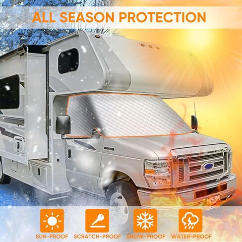 نيفرلاند RV غطاء الزجاج الأمامي للفئة C فورد 1997-2023، غطاء النافذة الأمامية RV غطاء الزجاج الأمامي للزجاج الأمامي RV مع مغناطيس قوي، فتحات مرآة جانبية، أشرطة زاوية مرنة in Kuwait