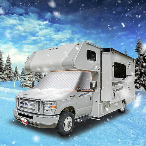 نيفرلاند RV غطاء الزجاج الأمامي للفئة C فورد 1997-2023، غطاء النافذة الأمامية RV غطاء الزجاج الأمامي للزجاج الأمامي RV مع مغناطيس قوي، فتحات مرآة جانبية، أشرطة زاوية مرنة in Kuwait