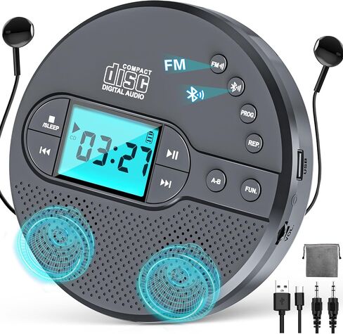 2000mAh Rechargeable Discman CD Player:Walkman CD Player with Bluetooth FM Transmitter,Headphones,LCD Screen,AUX,Built-in Speaker,USB-Portable Personal CD Player Anti-Skip Protection for Car in Saudi Arabia