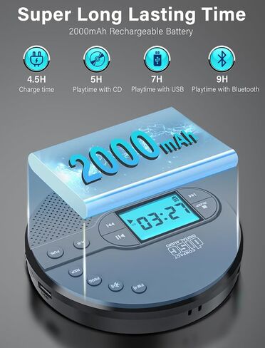 2000mAh Rechargeable Discman CD Player:Walkman CD Player with Bluetooth FM Transmitter,Headphones,LCD Screen,AUX,Built-in Speaker,USB-Portable Personal CD Player Anti-Skip Protection for Car in Saudi Arabia