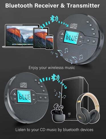 2000mAh Rechargeable Discman CD Player:Walkman CD Player with Bluetooth FM Transmitter,Headphones,LCD Screen,AUX,Built-in Speaker,USB-Portable Personal CD Player Anti-Skip Protection for Car in Saudi Arabia