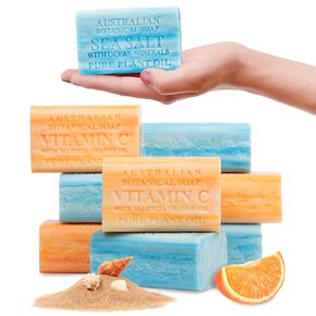Australian Botanical Soap, Sea Salt with Ocean Minerals and Valencia Orange Soap Bars | All Skin Types | Shea Butter Enriched | 6.6 oz. (187g) | 4 Bars of Each - 8 Pack