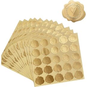 300pcs Gold Embossed Wax Seal Looking Heart Envelope Seals for Wedding Invitations/Greeting Cards/Party Favors, Self-Adhesive