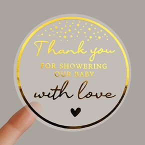 100 x Baby Shower Thank You Stickers, Baby Shower Favor Label, Gold Foil Baby Shower Sticker, Thank You For Showering Our Baby with Love, Thank You Tag, Round Favor Tag, Round Stickers