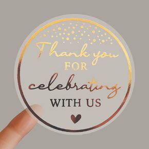 100 x Thanks For Celebrating With Me Labels Real Gold Foil Birthday Stickers Package Favor Stickers Birthday Rose Foil Favor Sticker Graduation Thank You Favor Tag (With Me, Rose Gold Foil)