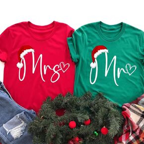 Mr and Mrs Matching Couples Christmas Shirts, Christmas Couple Matching Pajamas, Wife and Husband T Shirts, Christmas Gift, Xmas Holiday Outfit (ADULT M, RED, Mrs)