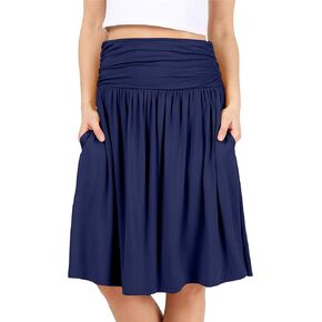 Simlu Womens Regular and Plus Size Skirt with Pockets Below The Knee Length Ruched Flowy Skirt Midi Skirt for Women (Size X-Small, Navy)