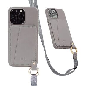 alto Anello 360 Lanyard Case Designed for iPhone 13 Pro (6.1 inch 2021), Drop Protective Italian Leather Wallet Case with Rotatable Card Holder and Neck Strap Design (Cement Gray)