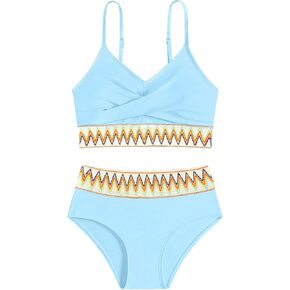 Girls Swimsuit,2 Piece Criss Cross Bathing Suit Girls Bikini Set Zigzag Woven Welt Beach Swimsuit for Girls 7-16Y