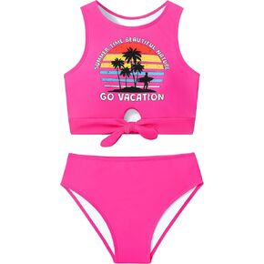 Girl Swimsuit for Girls 7-14y Two Piece Girls' Swimwear Tropical Tie Front Girls Bathing Suit Padded Tankini Swimsuit