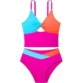 Girls Swimsuit Color Block Girls Bathing Suit Twist Tankini Set Two Piece Girls' Swimwear Bikini Set for 9-16 Years