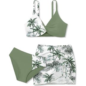Girls Swimsuit Tropical Floral Bathing Suit for Girls 3 Pcs Swimwear Cross Bikini with Drawstring Cover Up 8-16Y