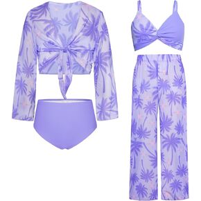 GRACE KARIN Teen Girls Bathing Suits Kids 4 Piece Long Sleeve Swimsuit Kimono Up Pants Bikini Tankini Set Swimwear in Saudi Arabia