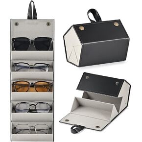 CO-Z Travel Sunglasses Organizer, Foldable Travel Sunglass Case with 5 Slots for Multiple Pairs, Portable Eyeglasses Holder Glasses Storage Box for Women Men Home Display Travel, Black & Leopard