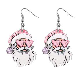 Pink Christmas Earrings for Women Wooden Santa Earrings for Teens Lightweight Pink Santa Dangle Earrings Christmas Jewelry Girls Christmas Gifts as Christmas Stocking Stuffers Accessories