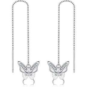 925 Sterling Silver Butterfly Threader Dangle Earrings for Women Hypoallergenic Long Chain Earring Hook Drop Earrings Crystals Jewelry Gifts for Sensitive Ears
