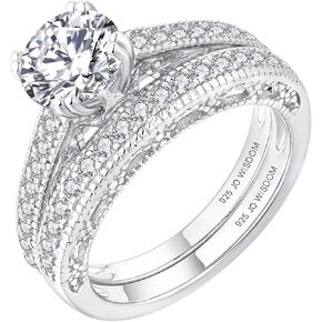 JO WISDOM Women Ring Bridal Sets,925 Sterling Silver Solitaire Engagement Wedding Anniversary Promise Ring with 7mm 5A Cubic Zirconia,Jewelry for Women