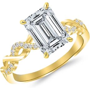 14K White Gold 1 to 5 Carat LAB GROWN DIAMOND Twisting Infinity Gold and Diamond Split Shank Pave Set Emerald Cut Diamond Engagement Ring (E-F Color VS1-VS2 Clarity)