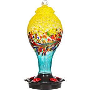 LUJII Hummingbird Feeder, Hand Blown Glass Hummingbird Feeder, Never Fade, 36 Fluid Ounces, 5 Feeding Metal Stations, Much Bigger, Garden Backyard Decorative, Containing Ant Moat (Blue)