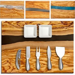 Handcrafted Italian Olive Wood Cheese & Charcuterie Board Set with Unique Blue Resin Artwork - Cutting Board Comes with 4 Cheese Knives, 2 Dipping Bowls & Corkscrew Wine Opener (Blue)