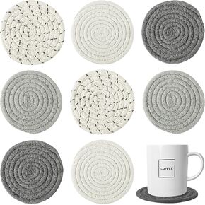 قواعد أكواب منسوجة يدويًا، 8 قطع قواعد بوهو لديكور المنزل، قواعد ماصة للطاولة مصنوعة من القطن في المزرعة مقاومة للحرارة لأنواع من الأكواب هدية منزلية جديدة (4.3 بوصة، رمادي/أبيض) in Kuwait
