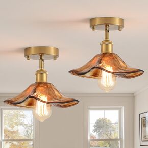 2 Pack Glass Antique Gold Flush Mount Ceiling Light Fixture Vintage Rustic Square Brass Small Semi Flush Mount Ceiling Light for Kitchen Hallway Entryway Sink Farmhouse