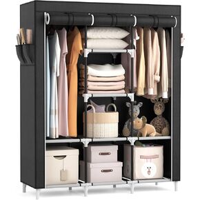 VTRIN Portable Closet, Large Capacity Portable Wardrobe with 2 Hanging Rods and 8 Storage Shelves, Sturdy Free Standing Closet Wardrobe for Hanging Clothes with Side Pockets, Black
