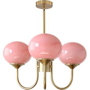 BOKT 5 Light Gold Globe Sputnik Chandelier Modern Pink Glass Sputnik Pendant Lights Kitchen Island Mid Century Vintage Brushed Brass Ball Chandelier Light Fixture for Bedroom Dining Living Room
