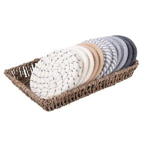 Boho Drink Coasters & Seagrass Basket Holder Set, 6 Styles 12 Pcs Handmade Braided Absorbent Coasters for Drinks, Hand Woven Seagrass Wicker Basket, Heat-resistant Woven Coasters for Table Home Decor