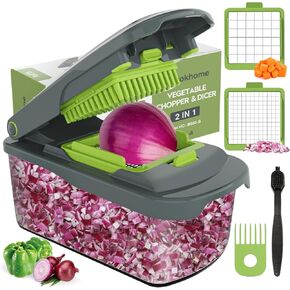 Ourokhome Vegetable Chopper Onion Chopper with Container, Multifunctional Food Chopper Veggie Dicer Mandolin Slicer with 8 Blades for Potato, Tomato, Carrot, Essential Kitchen Gadgets (8 in 1, Gray)