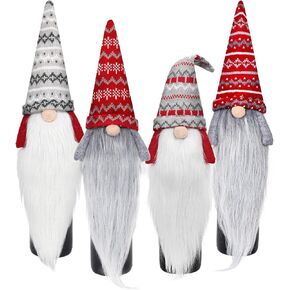 أغطية زجاجات النبيذ D-FantiX عيد الميلاد جنوم، 4 عبوات مصنوعة يدويًا من Tomte السويدية Gnomes زجاجات النبيذ القبعات الزخرفية سانتا الاسكندنافية القطيفة زينة عيد الميلاد السنة الجديدة ديكور طاولة الطعام هدية الحفلة