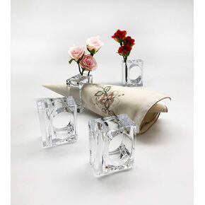 Set of 4 Napkin Rings Bud Vase Flower Holder, 100% FDA Compatible Food Container Safety Grade Clear Acrylic, Great Gift, Holiday Table Settings