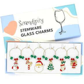 Christmas Wine Glass Charms, Christmas Hostess Gift, Christmas Table Decor, Stockings Stuffer, Set of 6 Gold Enamel Charms, Christmas Tree, Santa Claus, Candy Cane, Snowman