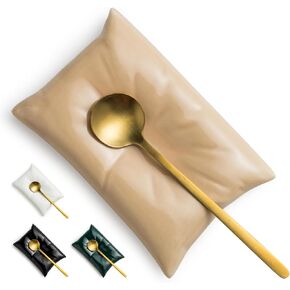 Coffee Spoon Rest, Coffee Spoon Holder and Spoon, Ceramic Mini Spoon Rest for Coffee Station, Creative Pillow Shape Small Spoon Holder Rests for Coffee Bar Decor, White Spoon Rest+Gold Spoon