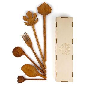 JABIHOME Wooden Salad Server Set of 6, Mens Easter Gifts, Handmade Wood Kitchen Utensils Gifts for Women, Hostess Gifts for Women, Easter Gifts for Mom